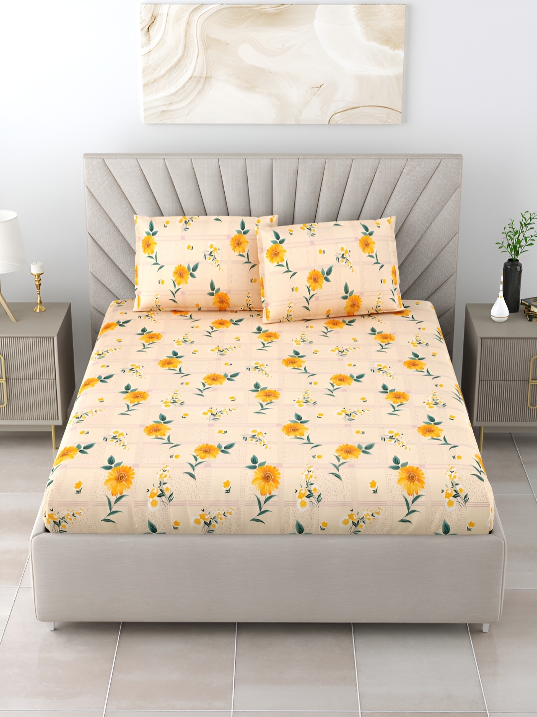 

BOMBAY DYEING ELIXIR Yellow & Blue Floral 144 TC Cotton Queen Bedsheet & 2 Pillow Covers