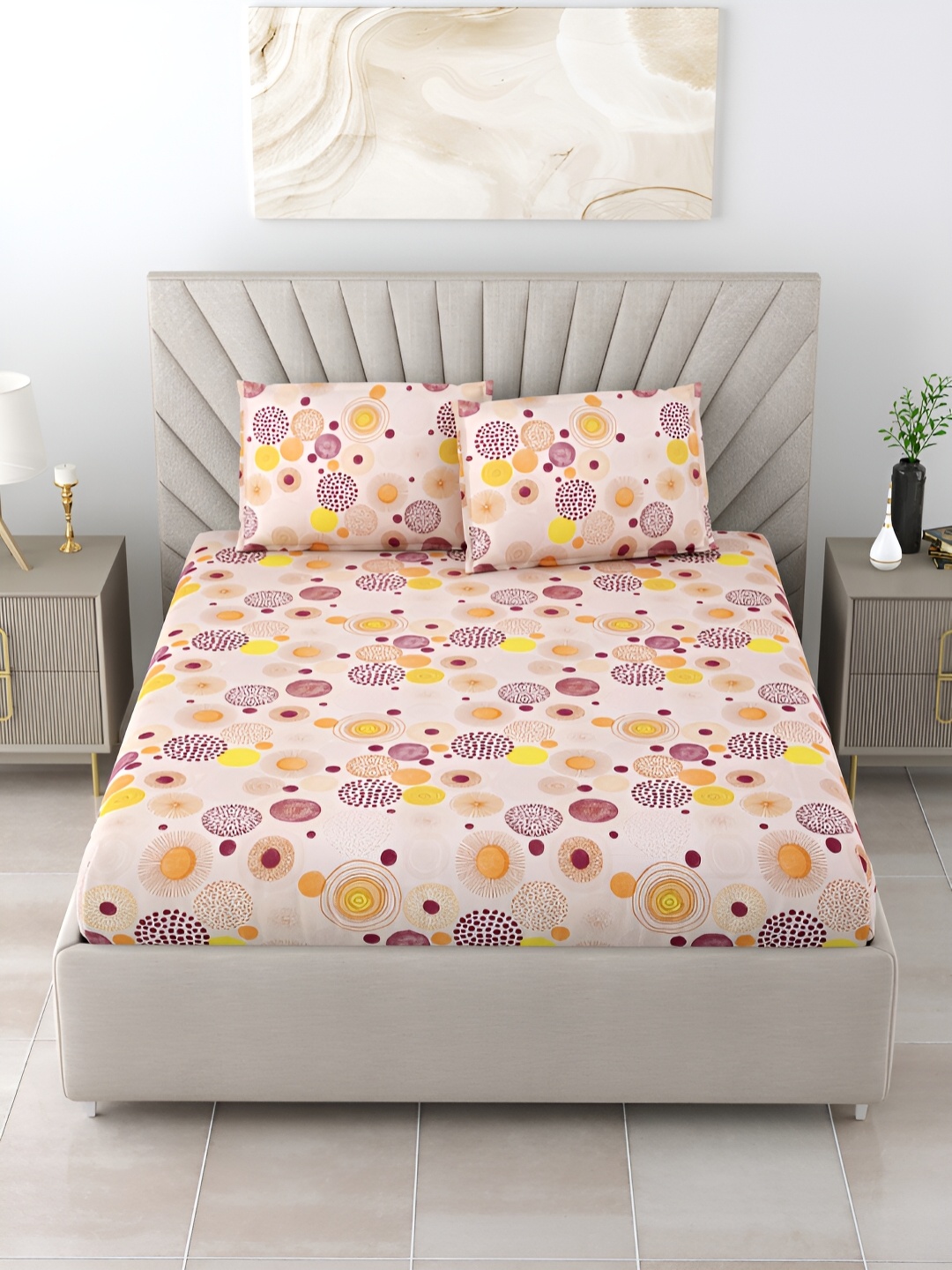 

BOMBAY DYEING ELIXIR Yellow & Purple Floral 144 TC Cotton Queen Bedsheet & 2 Pillow Covers