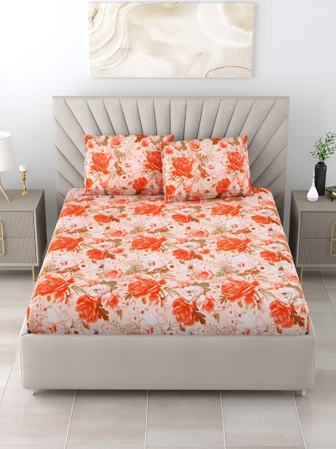 

BOMBAY DYEING ELIXIR Orange & Green Floral 144 TC Cotton Queen Bedsheet & 2 Pillow Covers