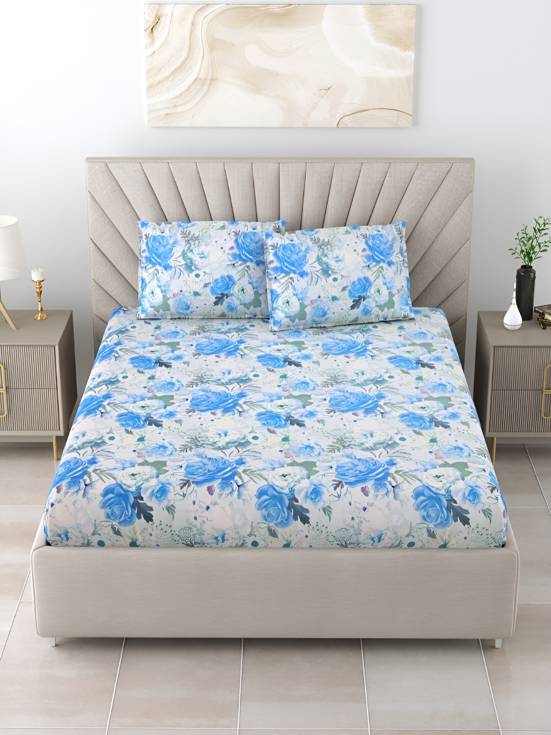 

BOMBAY DYEING ELIXIR Blue & Green Floral 144 TC Cotton Queen Bedsheet with 2 Pillow Covers