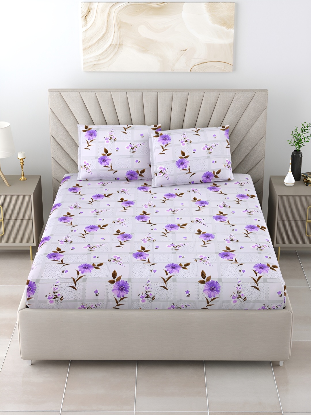 

BOMBAY DYEING ELIXIR Violet & White Floral 144 TC Cotton Queen Bedsheet & 2 Pillow Covers