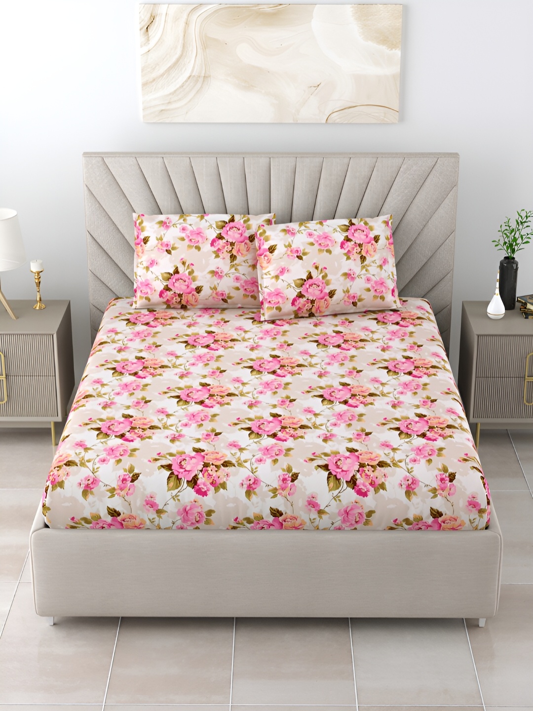 

BOMBAY DYEING ELIXIR Pink & White Floral 144 TC Cotton Queen Bedsheet with 2 Pillow Covers