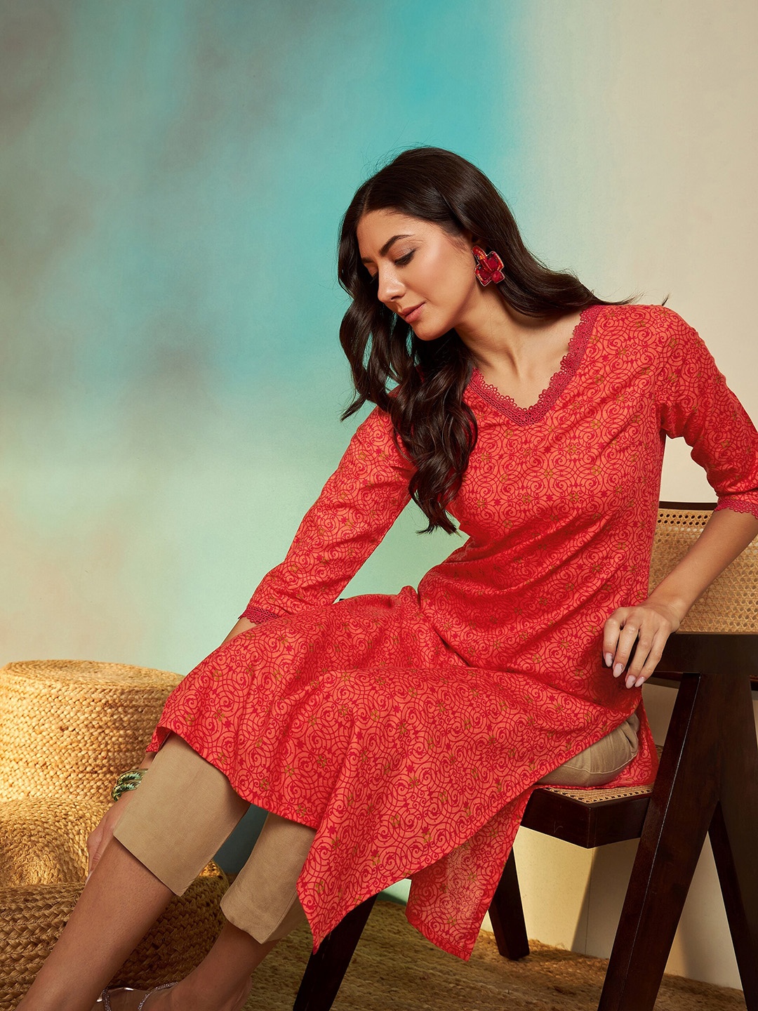 

Sangria Orange Ethnic Motifs Printed V-Neck Pure Cotton Regular Straight Kurta