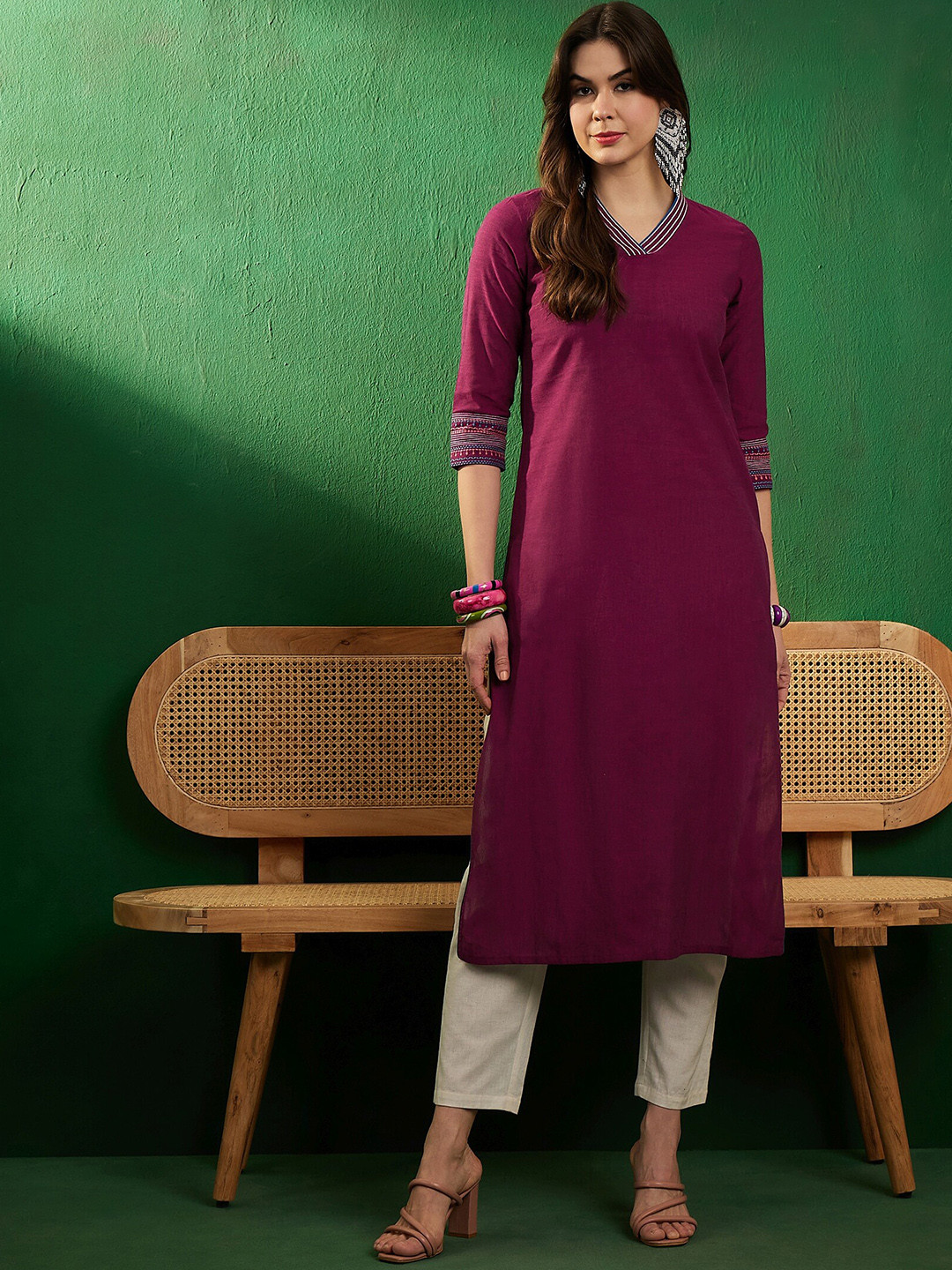 

Sangria Burgundy V-Neck Thread Work Pure Cotton Straight Kurta
