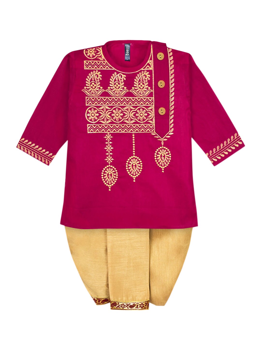 

BAESD Boys Ethnic Motifs Embroidered Mandarin Collar Thread Work Pure Cotton Kurta Set, Maroon