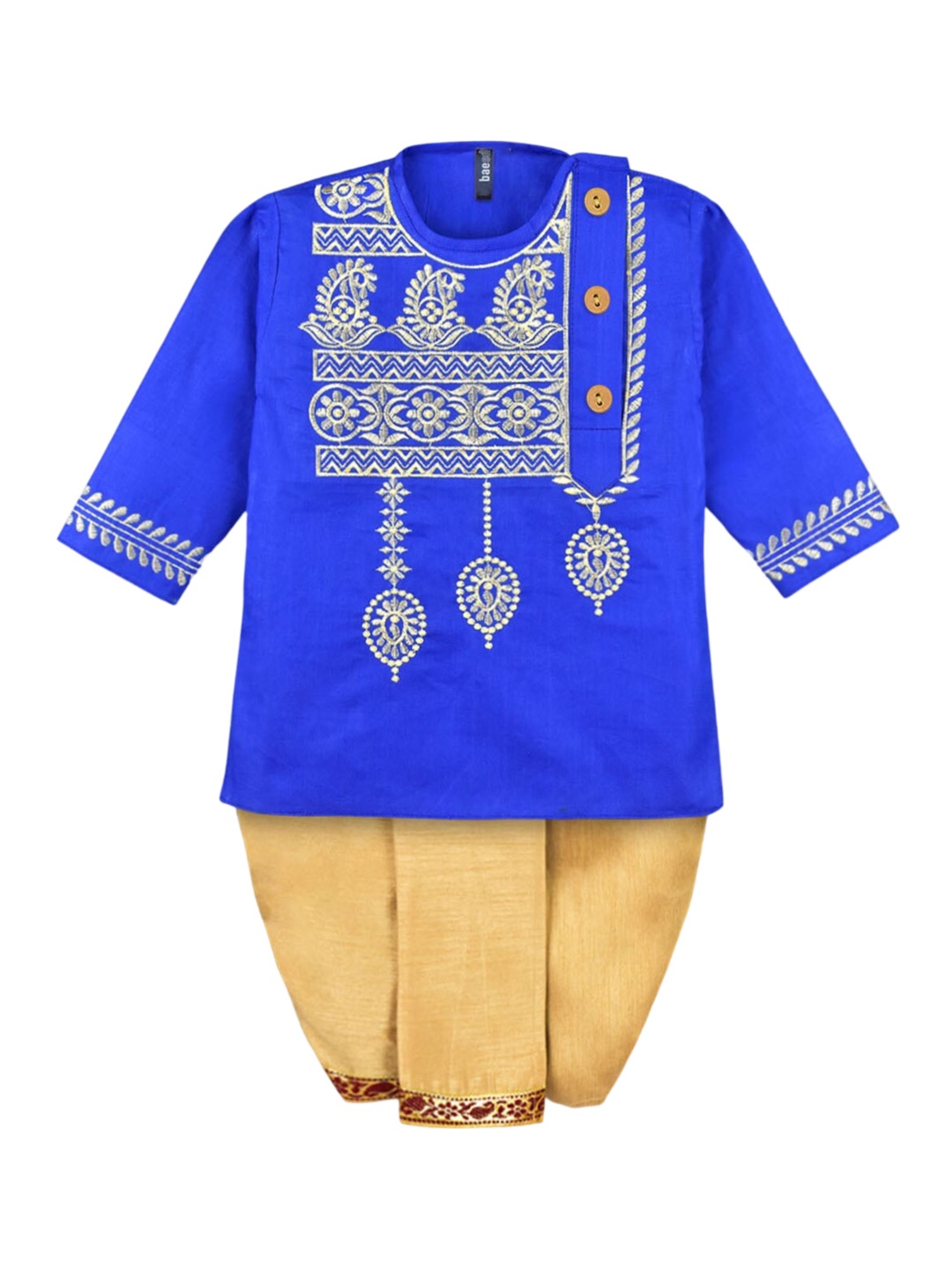 

BAESD Boys Ethnic Motifs Embroidered Thread Work Pure Cotton Kurta with Dhoti Pants, Blue