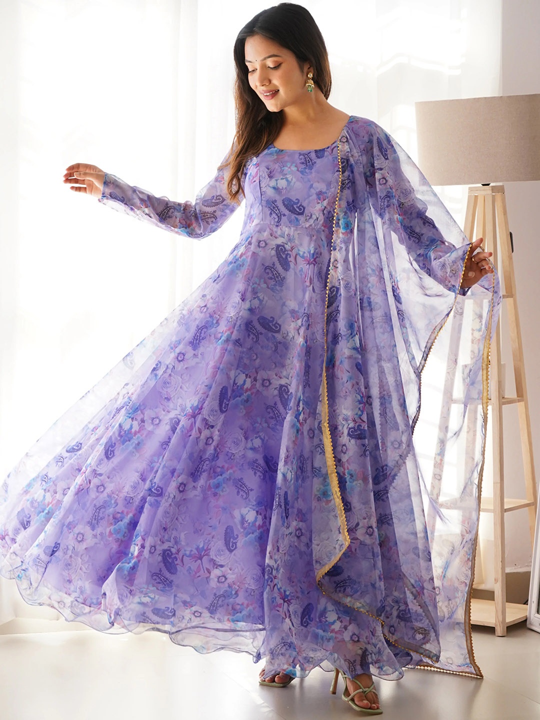 

KALINI Ethnic Motifs Printed Organza Silk Maxi Gown With Dupatta, Lavender