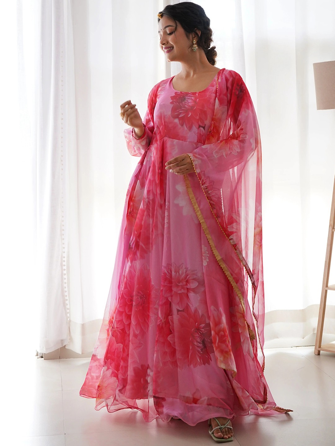 

KALINI Floral Printed Semi Sheer Fit and Flare Maxi Ethnic Dress with Dupatta, Pink