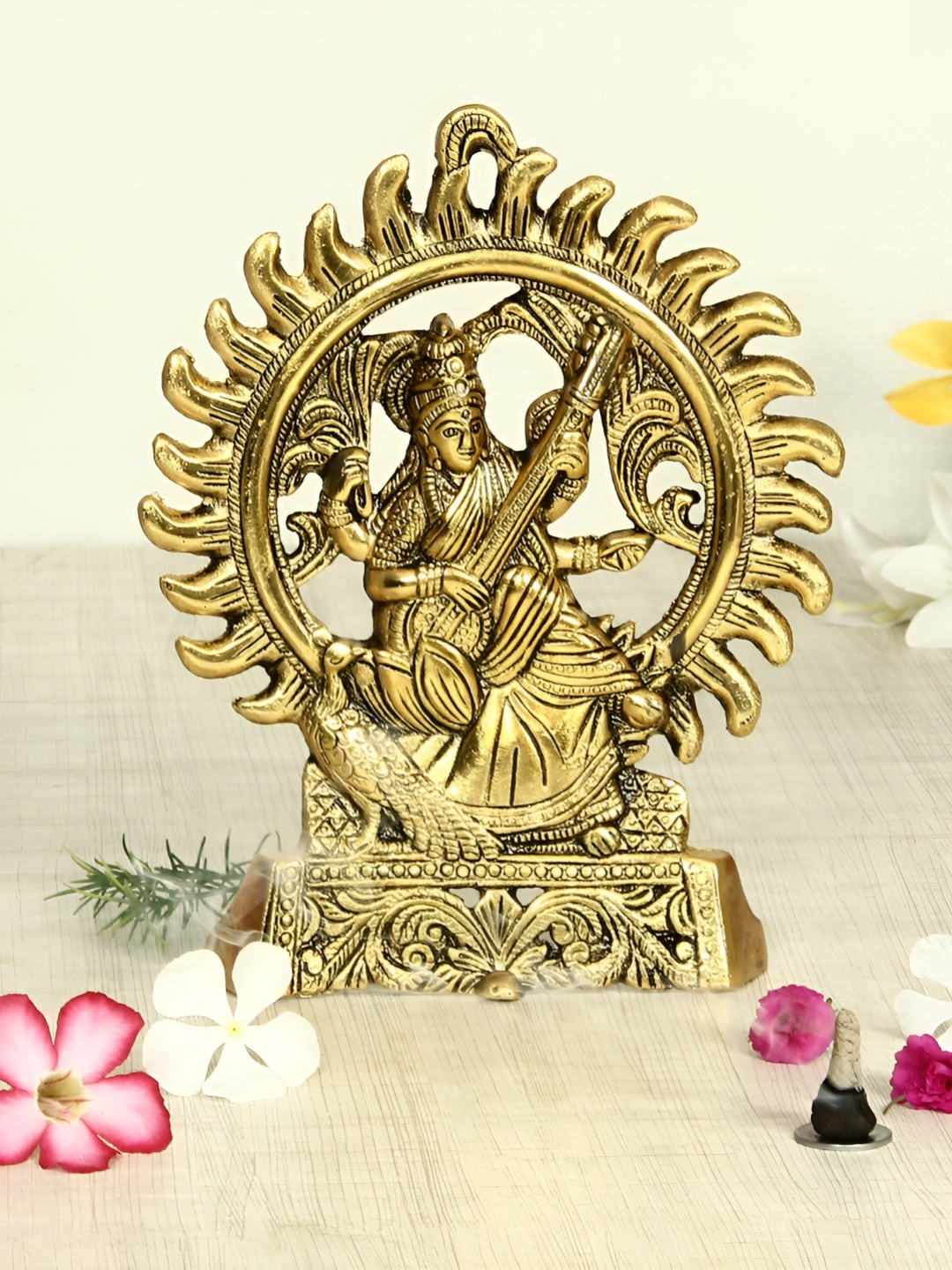 

HANDICRAFTS PARADISE Gold Toned Metal Saraswati Playing Veena Religious Idol Showpiece