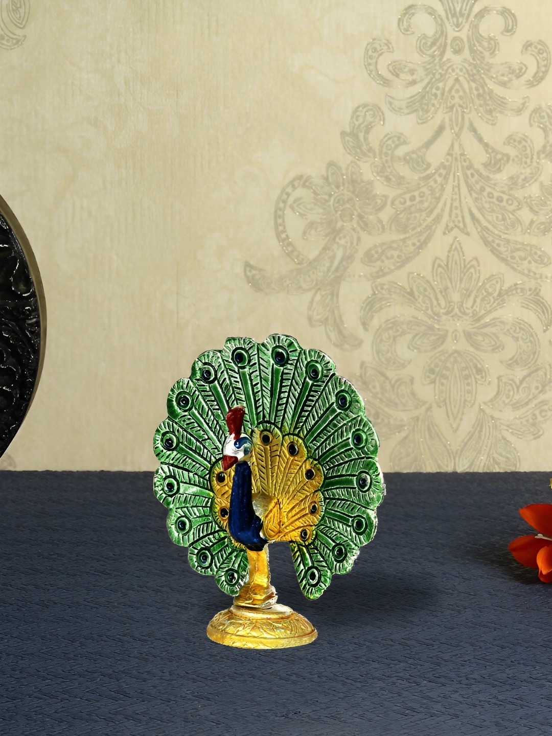 

HANDICRAFTS PARADISE Green & Gold Toned Peacock Metal Animals Showpiece