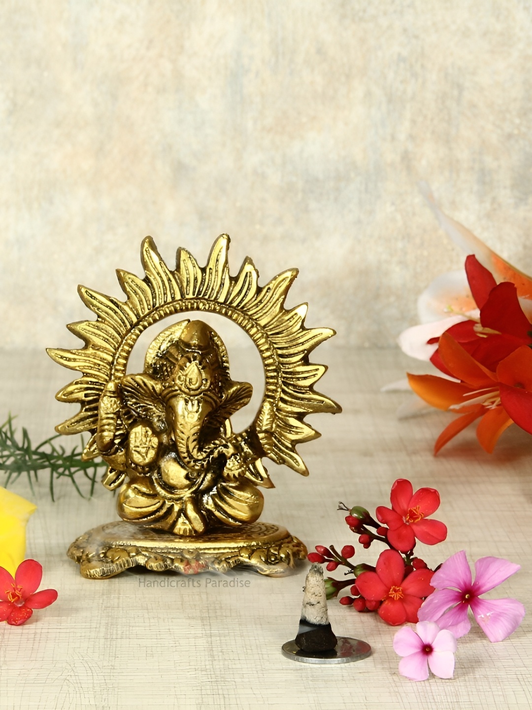 

HANDICRAFTS PARADISE Gold Toned Metal Religious Ganesha Idol Showpiece