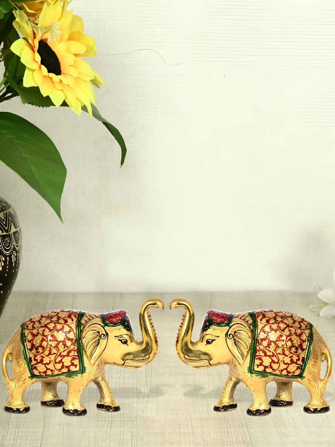 

HANDICRAFTS PARADISE Gold Toned 2 Pieces Elephant Sculpture Idol Showpiece, Multi