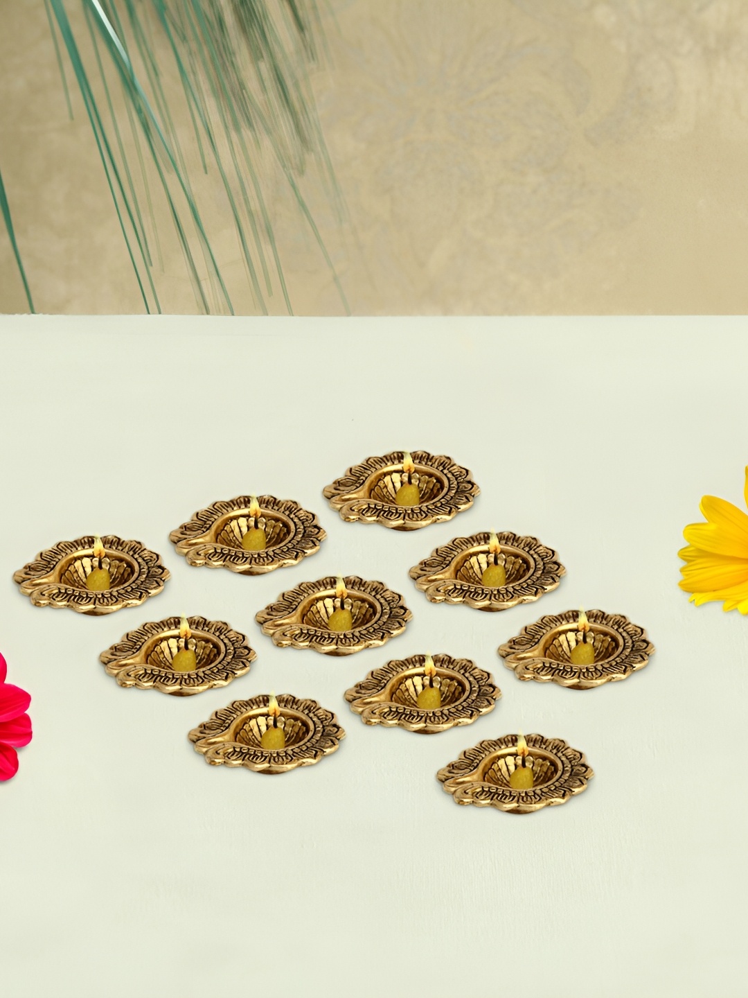 

HANDICRAFTS PARADISE Gold Toned 10 Pieces Diya Metal Religious Idol Showpiece