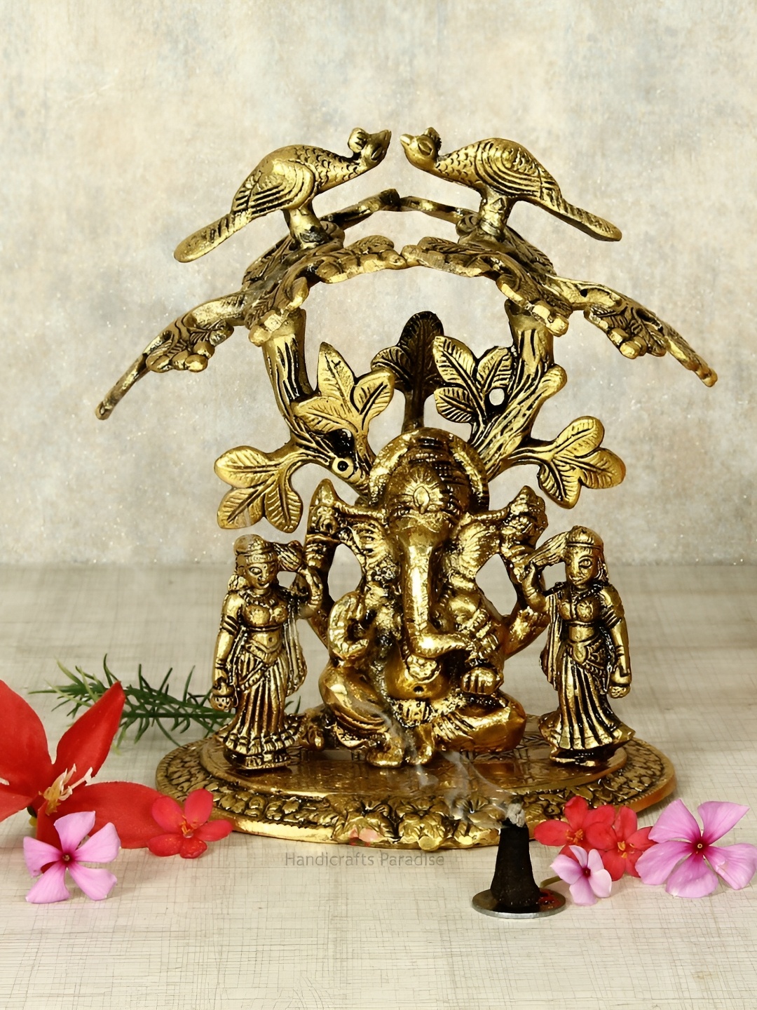 

HANDICRAFTS PARADISE Gold Toned Riddhi Siddhi Tree Metal Religious Idol Showpiece