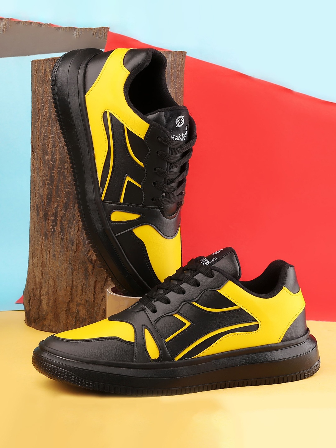 

HAKKEL Men Colourblocked Round Toe Lightweight Sneakers, Yellow