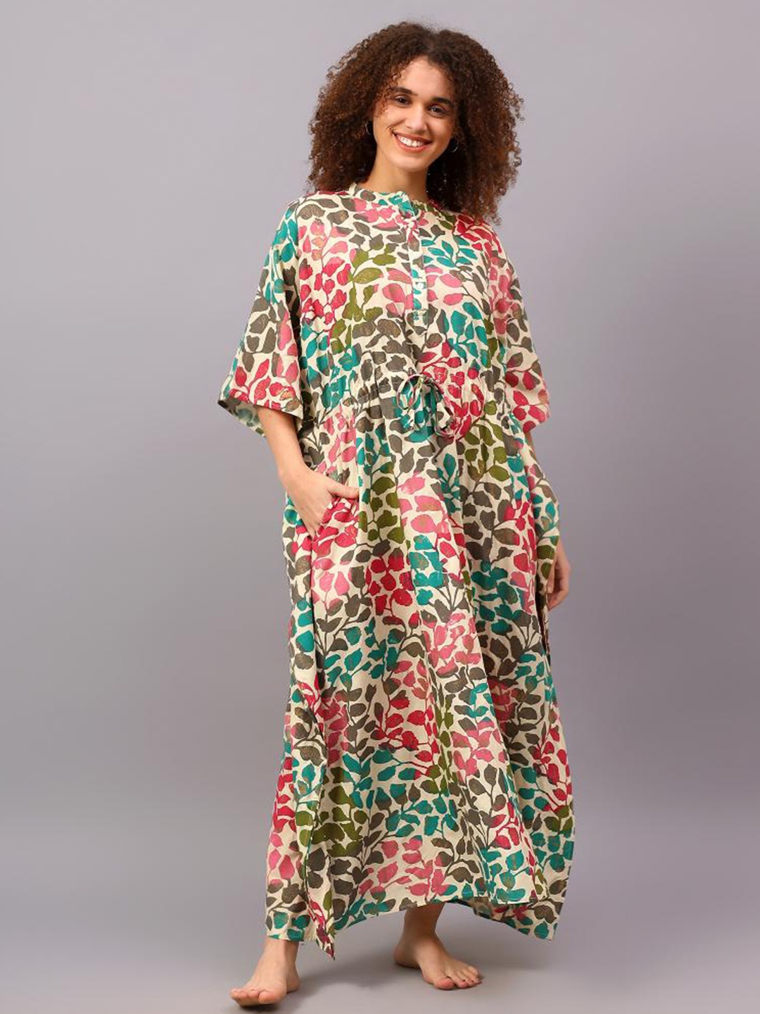 

Safeera Printed Pure Cotton Maxi Kaftan Nightdress, Beige