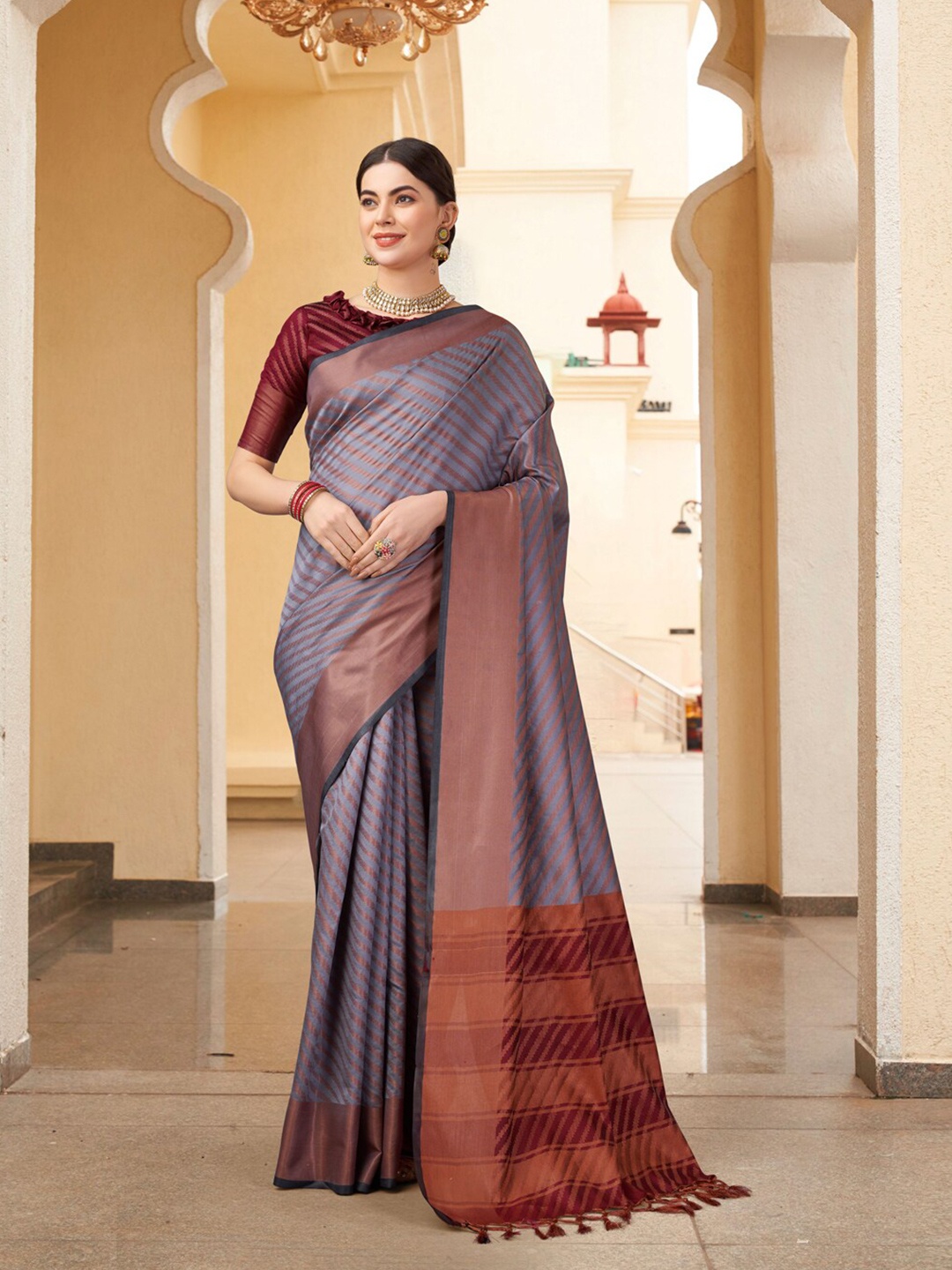 

KALINI Woven Design Zari Silk Blend Ikat Saree, Grey