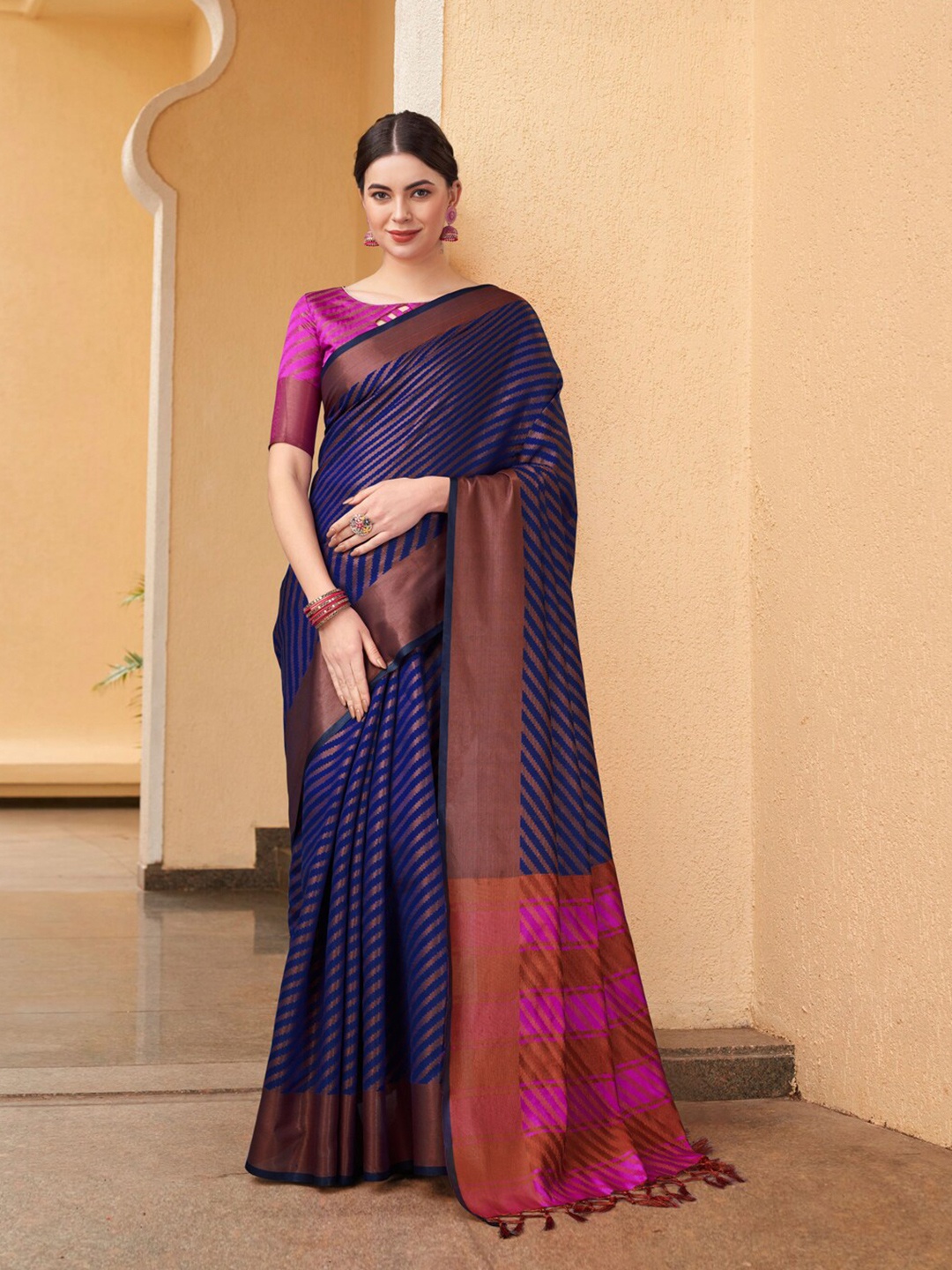 

KALINI Striped Zari Saree, Blue