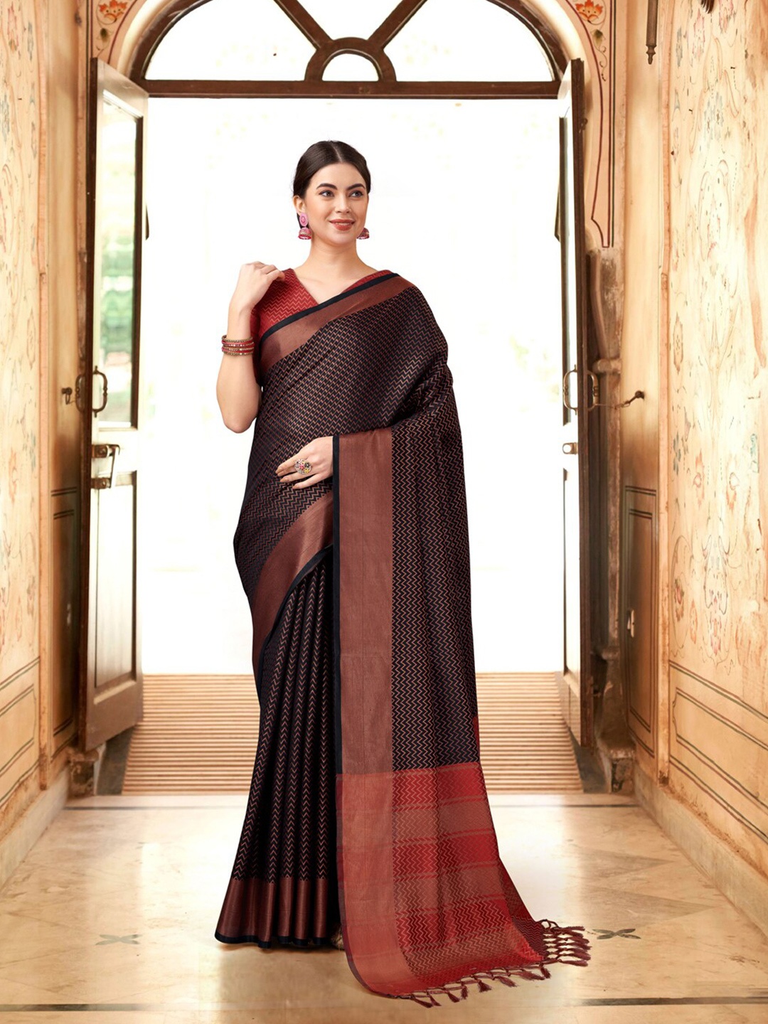 

KALINI Chevron Woven Design Zari Ikat Saree, Black