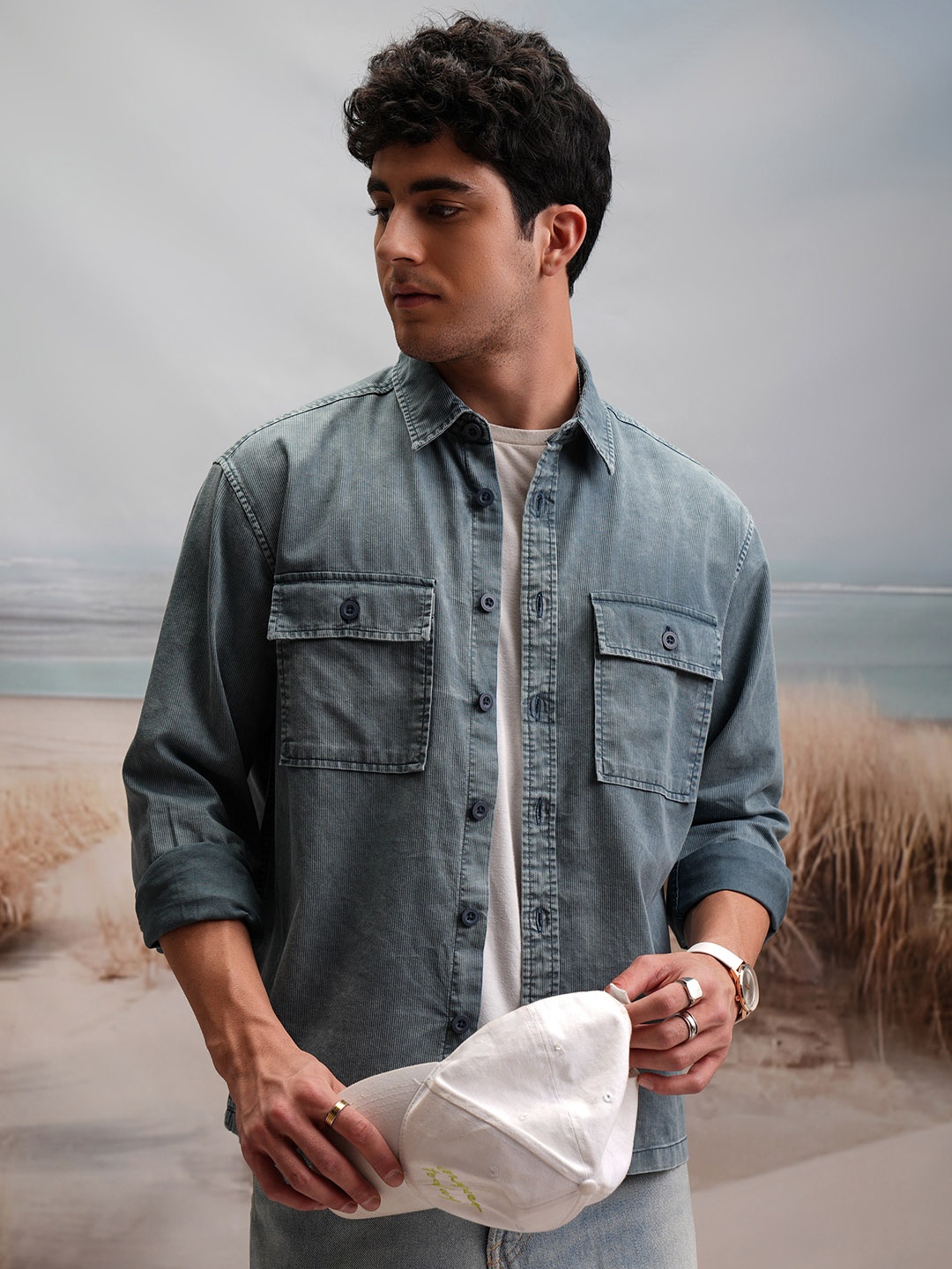 

LOCOMOTIVE Oversized Premium Corduroy Utility Pocket Cotton Over Shirt, Olive