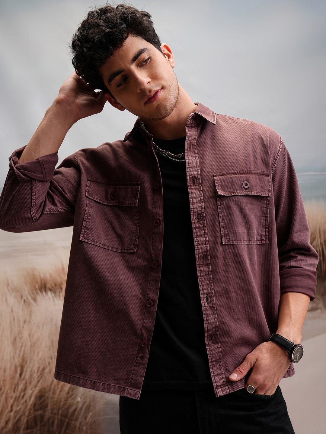 

LOCOMOTIVE Oversized Premium Corduroy Utility Pocket Cotton Over Shirt, Rust
