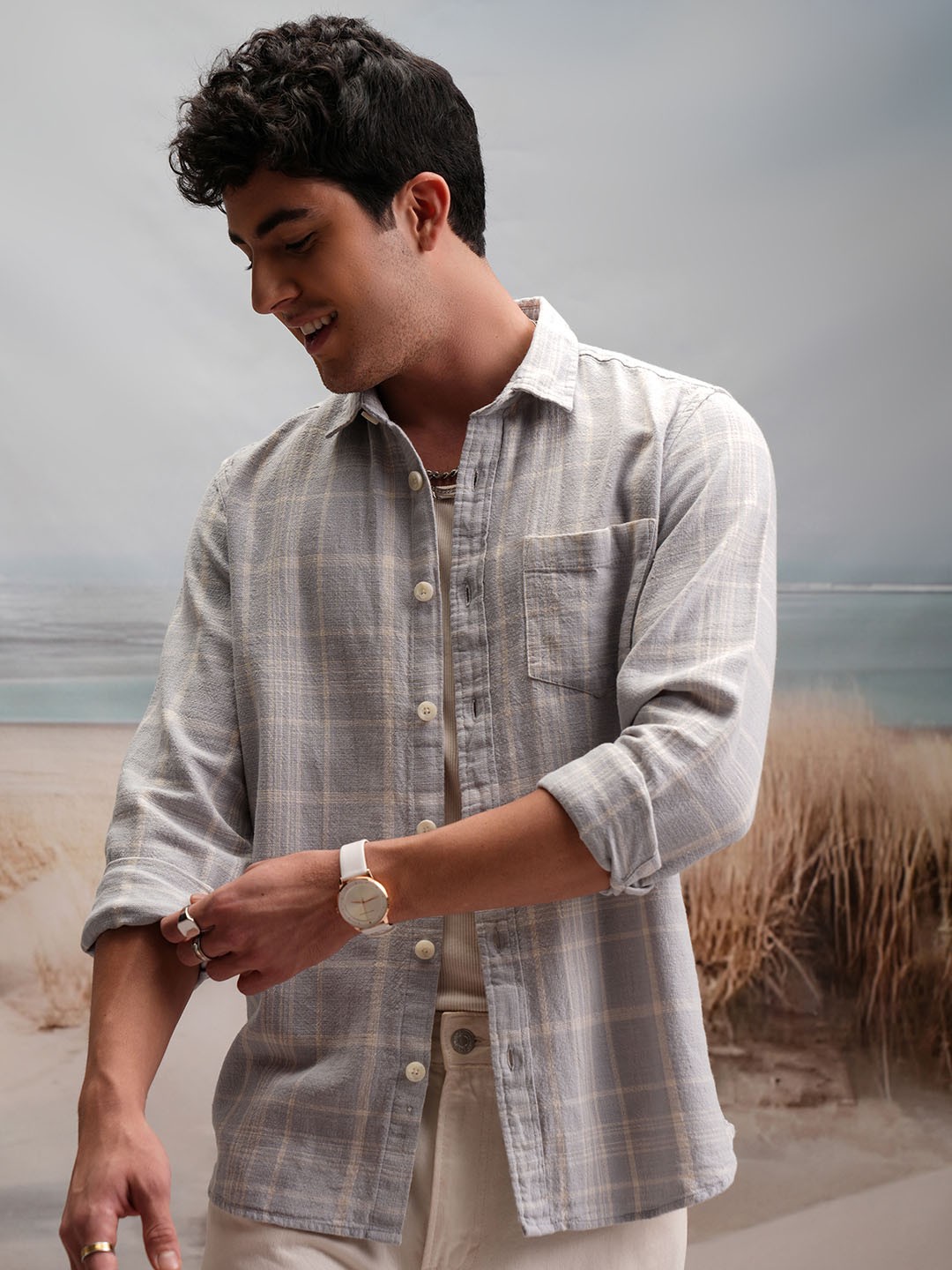 

LOCOMOTIVE Premium Dobby Textured Checked Flannel Cotton Shirt, Grey