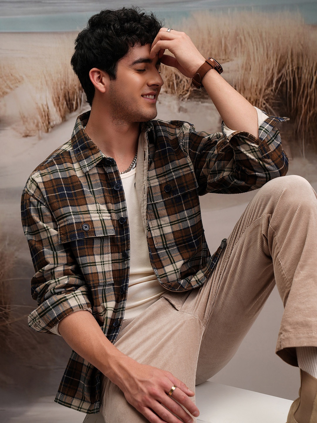 

LOCOMOTIVE Premium Corduroy Checked Utility Pocket Cotton Flannel Over Shirt, Brown