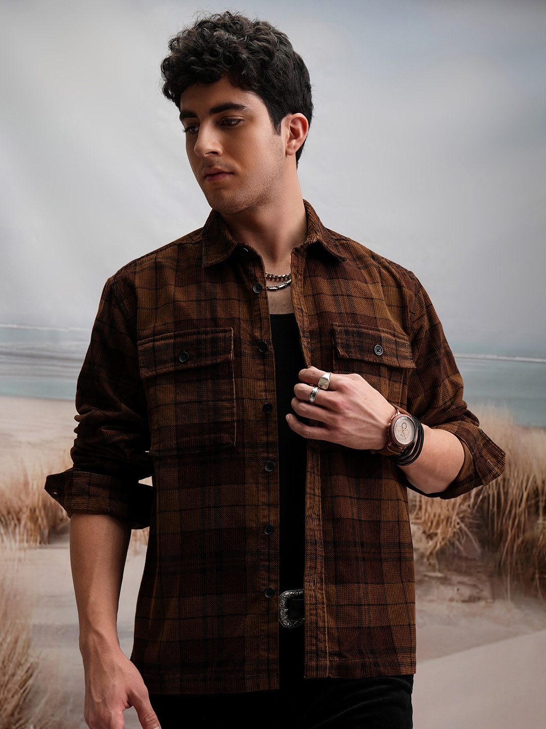 

LOCOMOTIVE Oversized Premium Corduroy Checked Utility Pocket Cotton Flannel Over Shirt, Rust