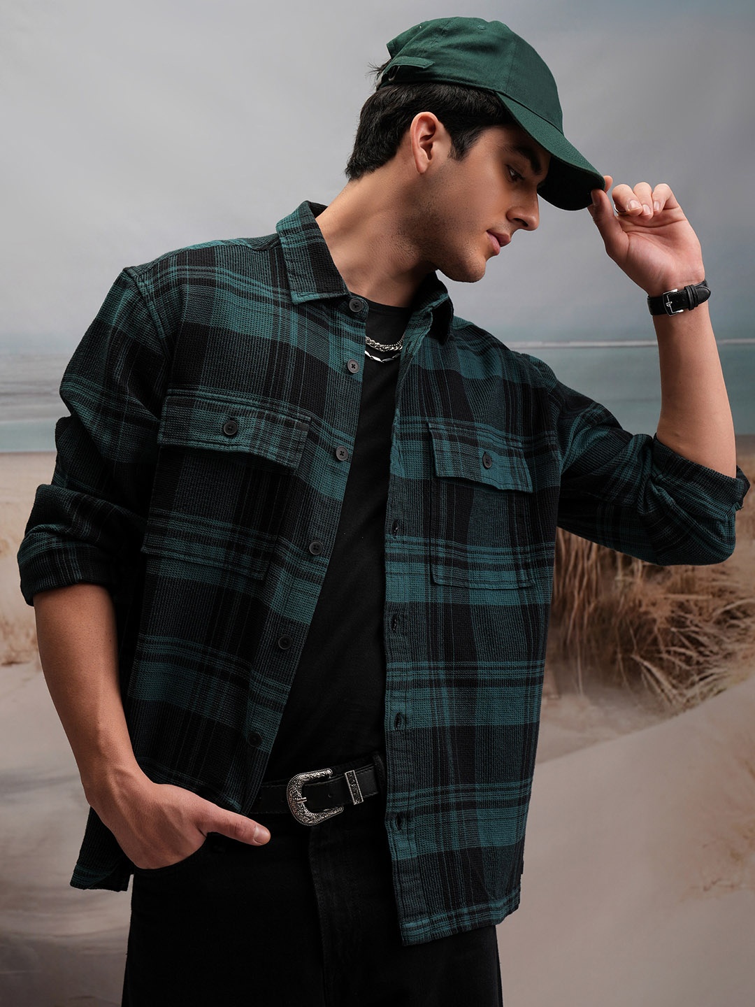 

LOCOMOTIVE Men Premium Waffle Dobby Textured Checked Utility Pocket Over Flannel Shirt, Teal