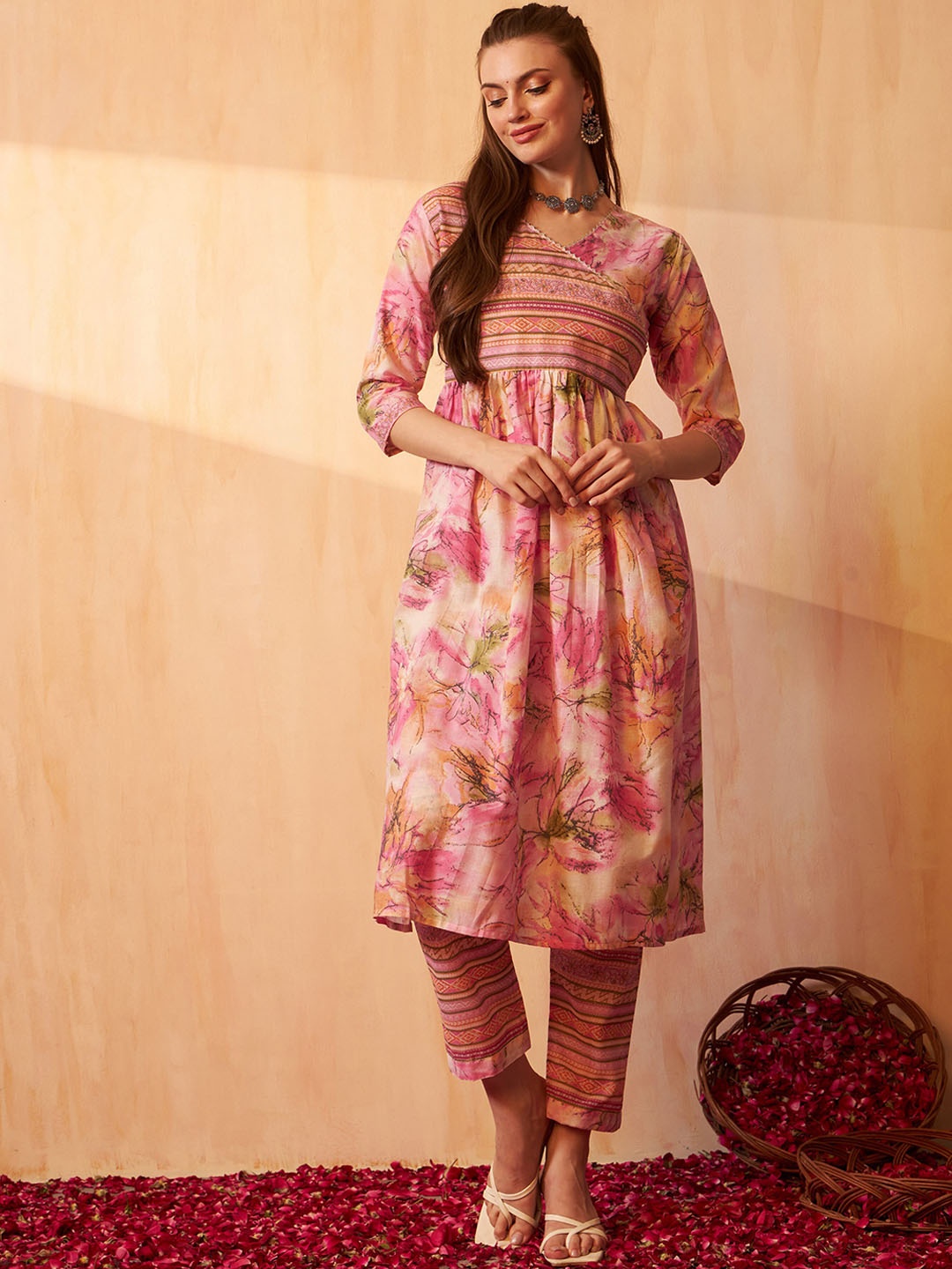 

KALINI Floral Printed Angrakha Gotta Patti Pure Cotton Kurta with Trousers, Pink