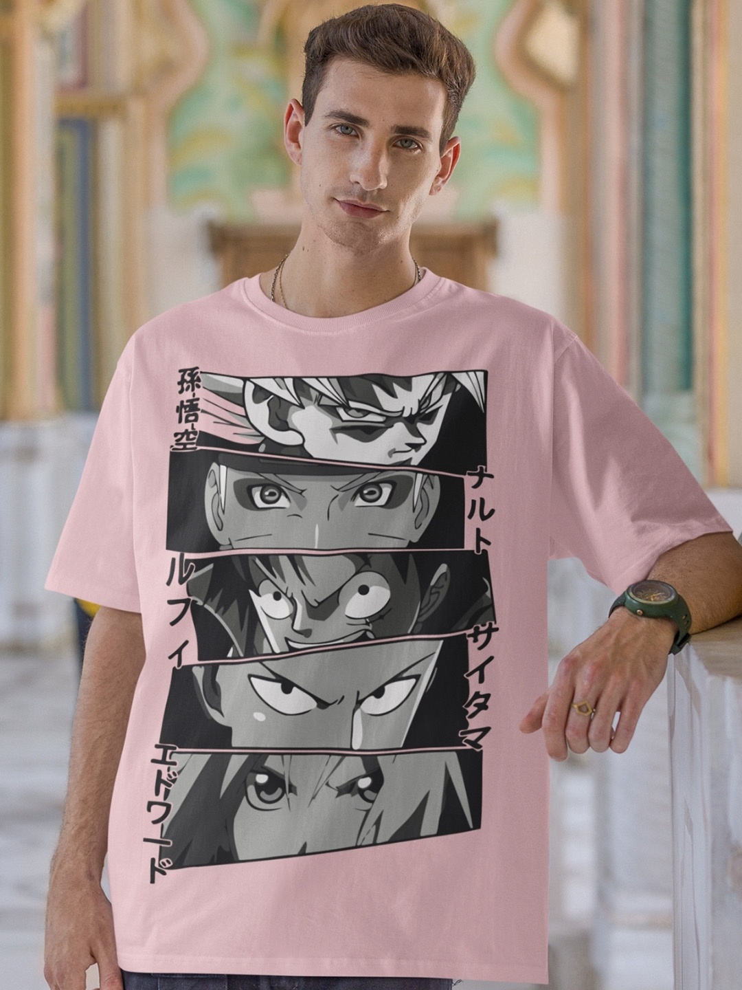 

CAPTCHA Anime Printed Round Neck Short Sleeves Oversized Cotton T-shirt, Pink