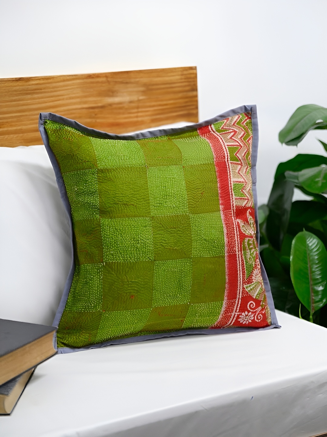 

ArtEastri Green Grey Silk Kantha Reversible Cushion Cover