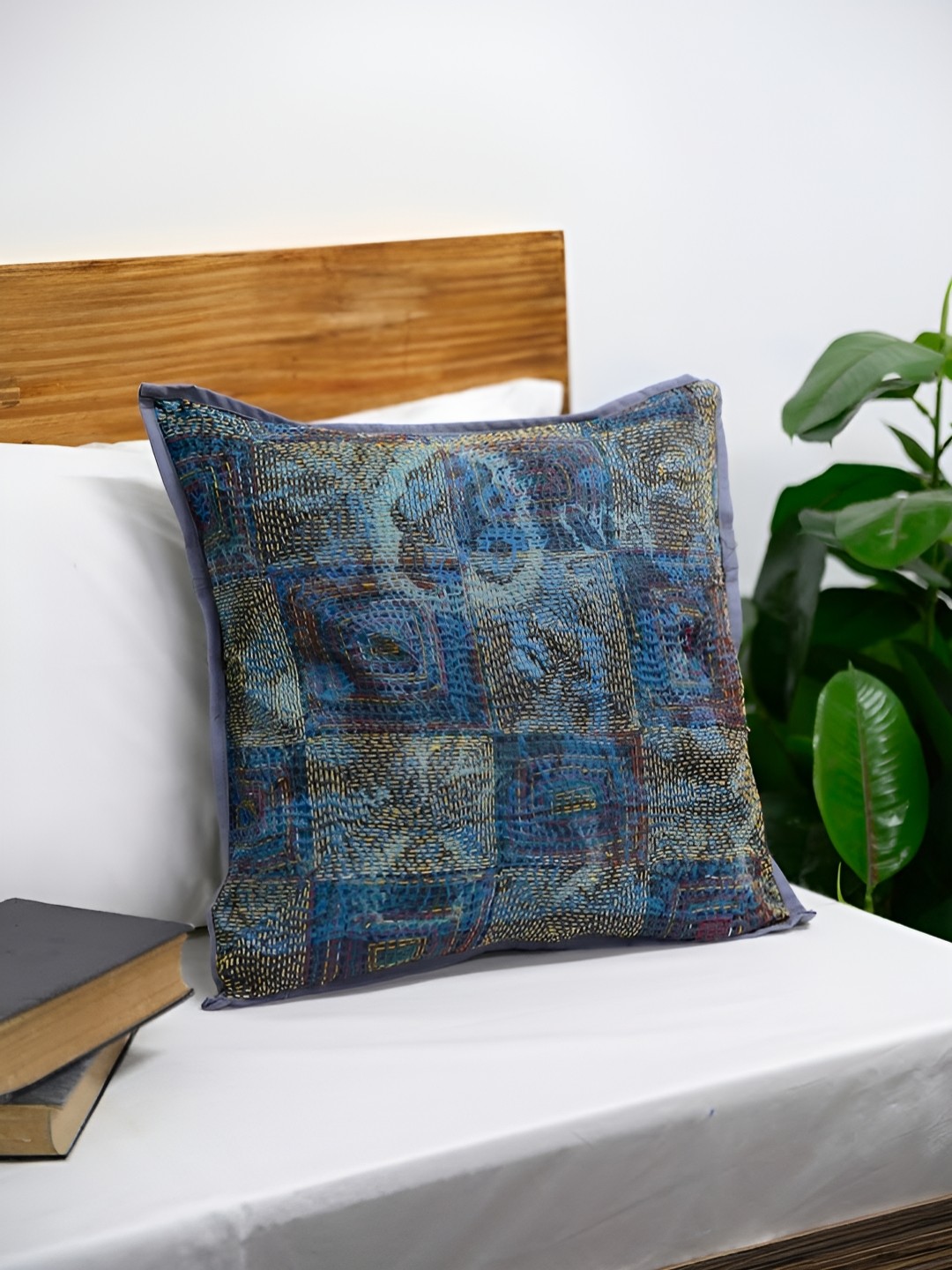 

ArtEastri Blue Grey Silk Kantha Reversible Cushion Cover