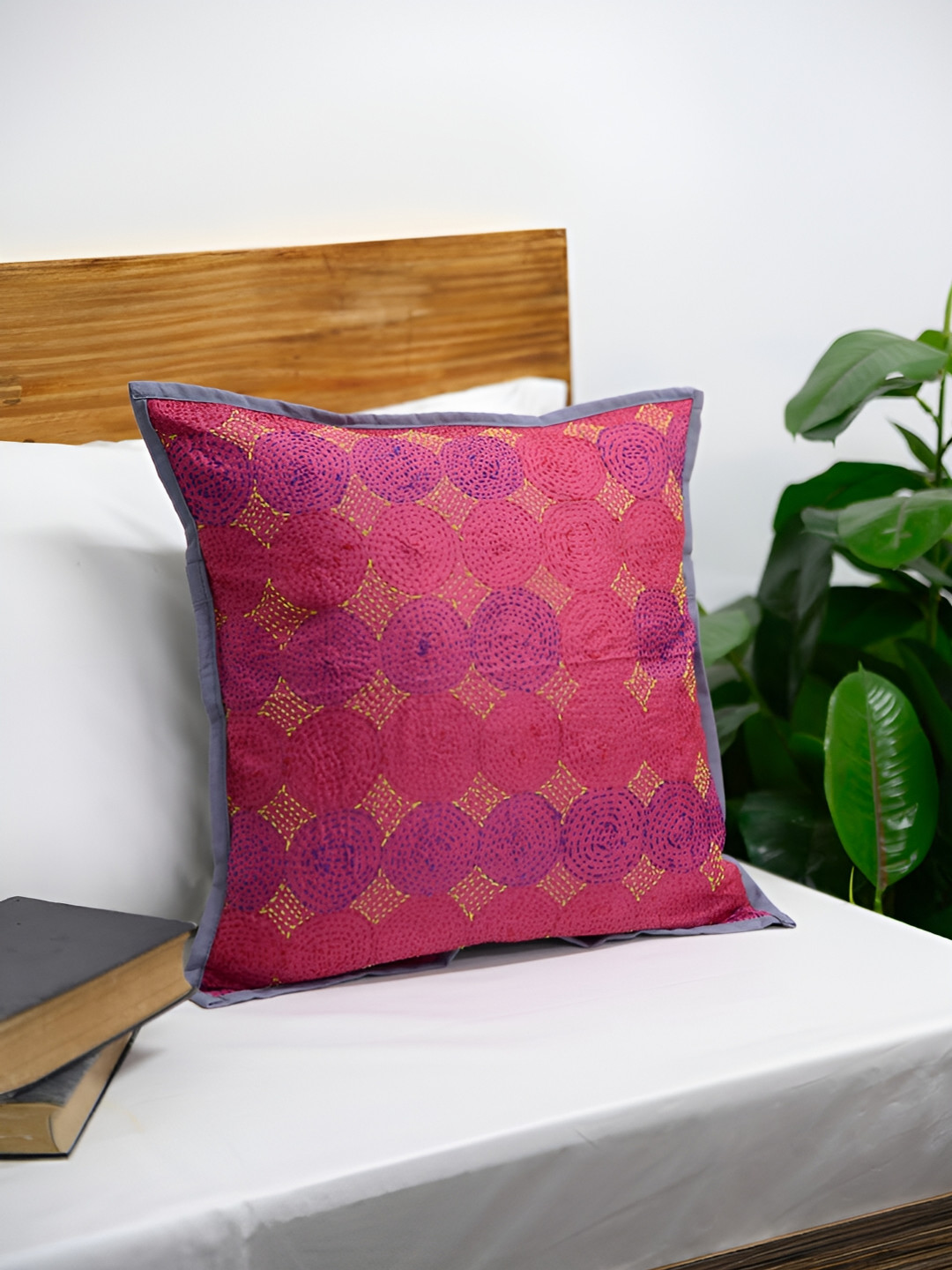 

ArtEastri Pink Purple Silk Kantha Reversible Cushion Cover