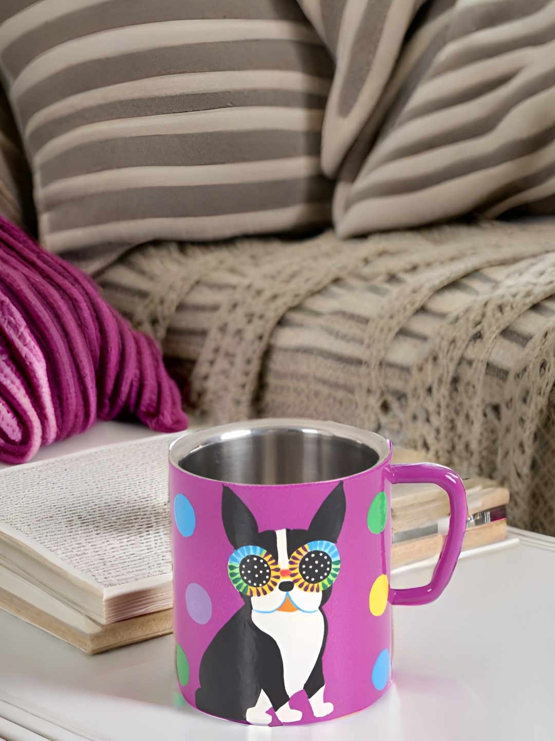 

Indikluster Purple & Black Printed Stainless Steel Double Walled Glossy Coffee Mug 300 ml