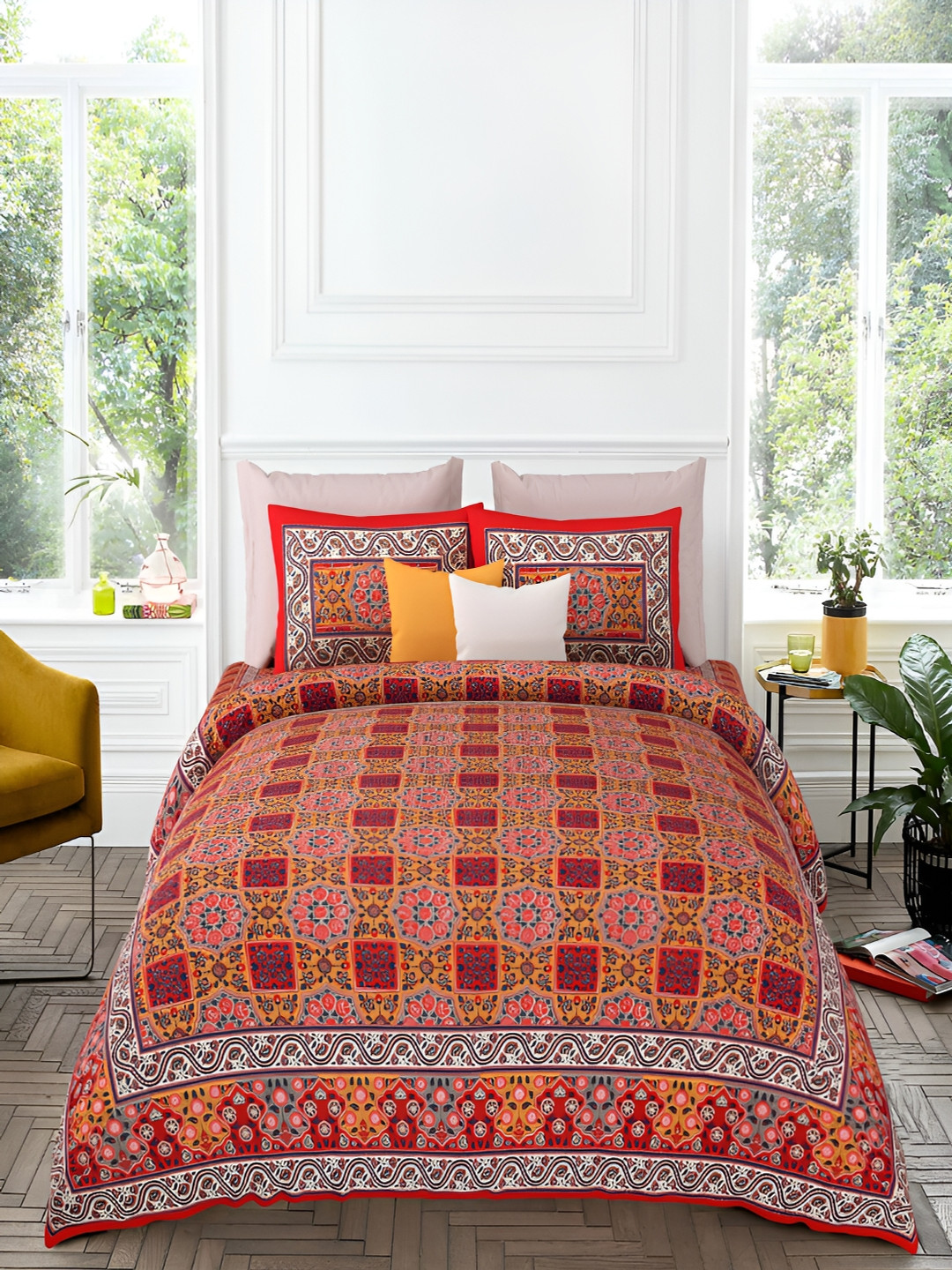 

Qfab Red & Mustard Yellow Floral Printed 144 TC Cotton King Bedsheet with 2 Pillow Covers
