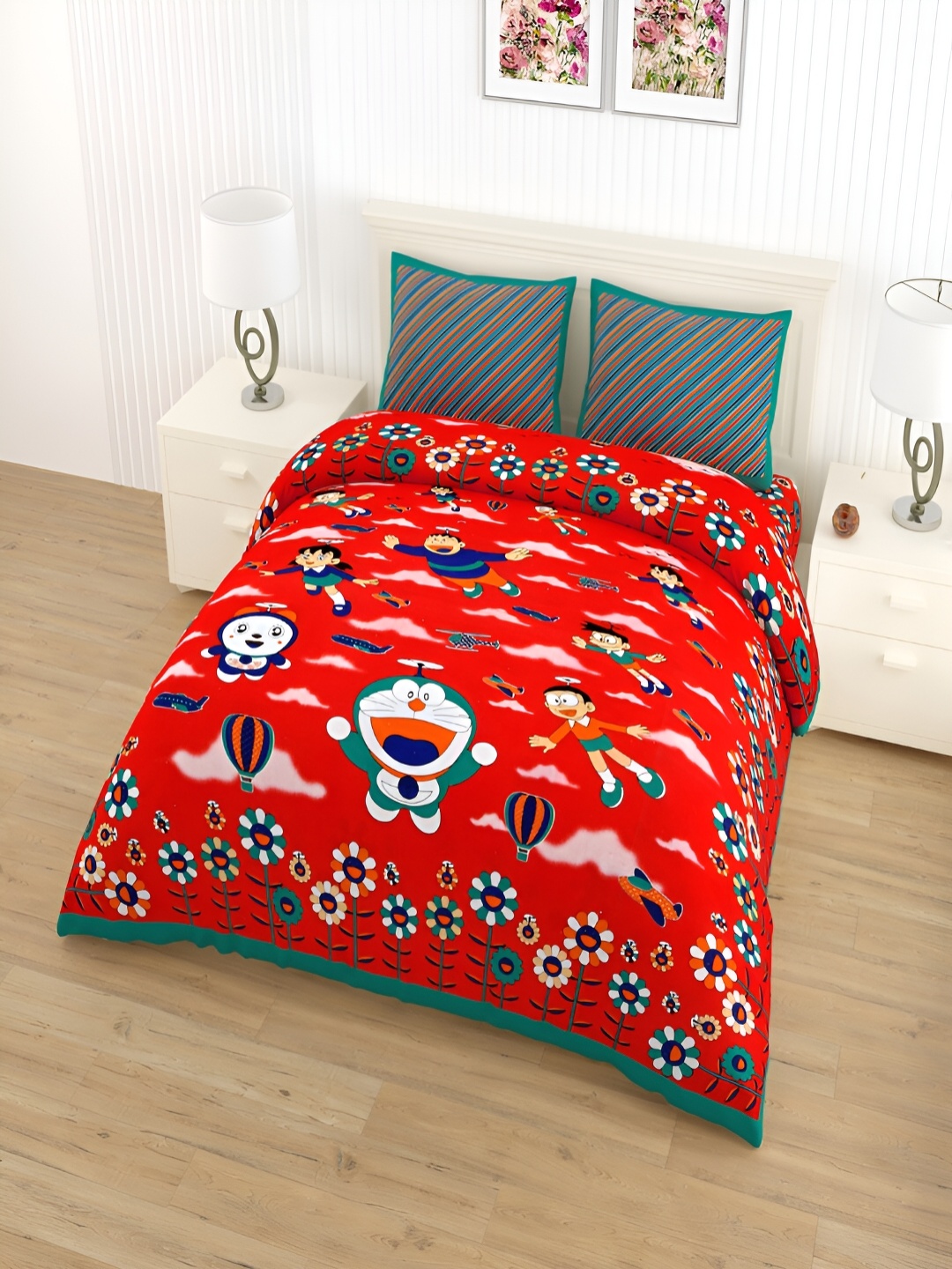 

Qfab Red & Green Cartoon Characters 144 TC Cotton Queen Bedsheet with 2 Pillow Covers