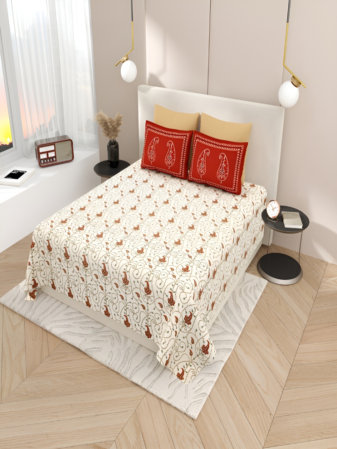 

Qfab White & Red Floral Printed 144 TC Cotton King Bedsheet with 2 Pillow Covers