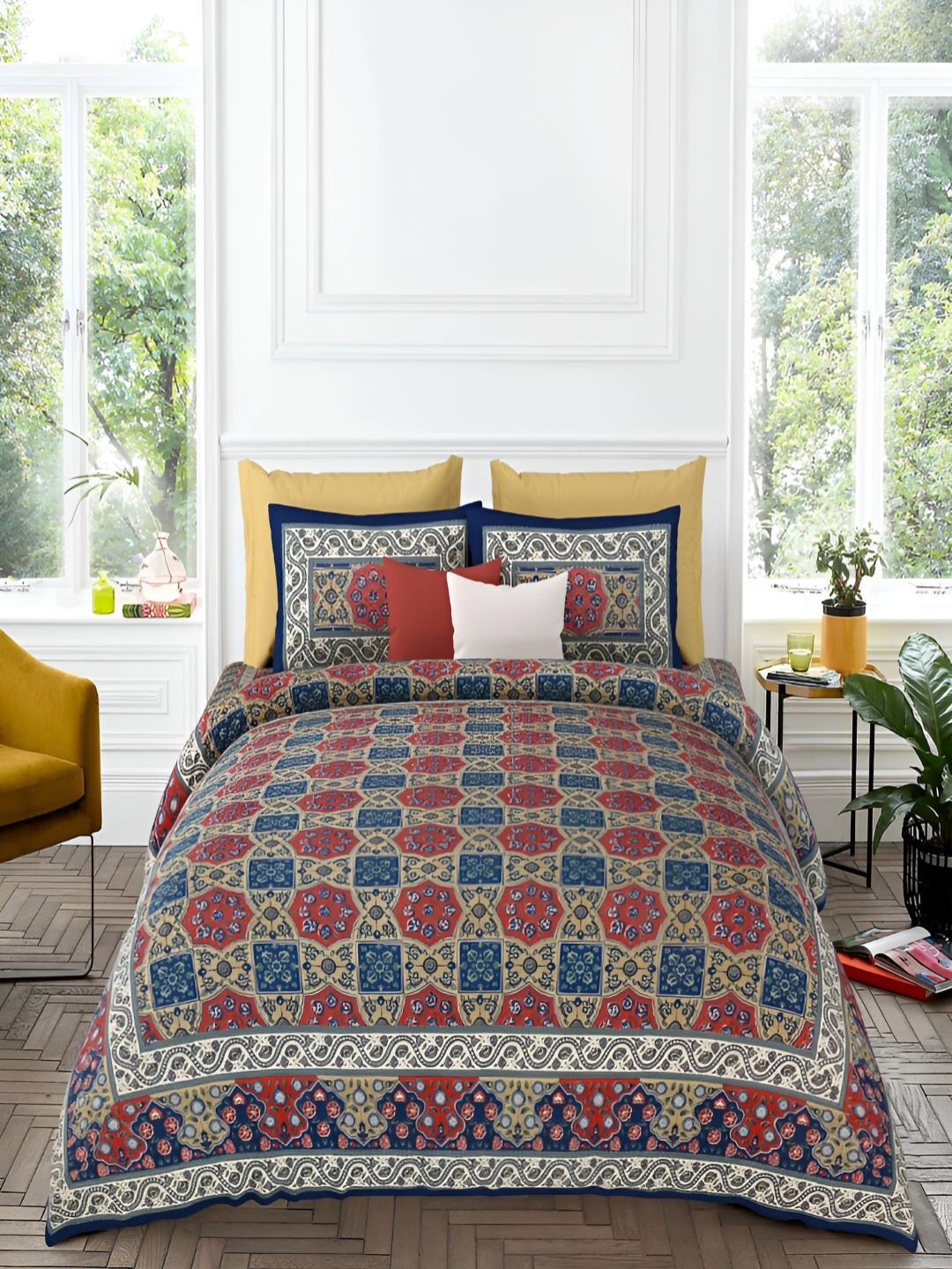 

Qfab Blue & Maroon Floral Printed 144 TC Cotton King Bedsheet with 2 Pillow Covers