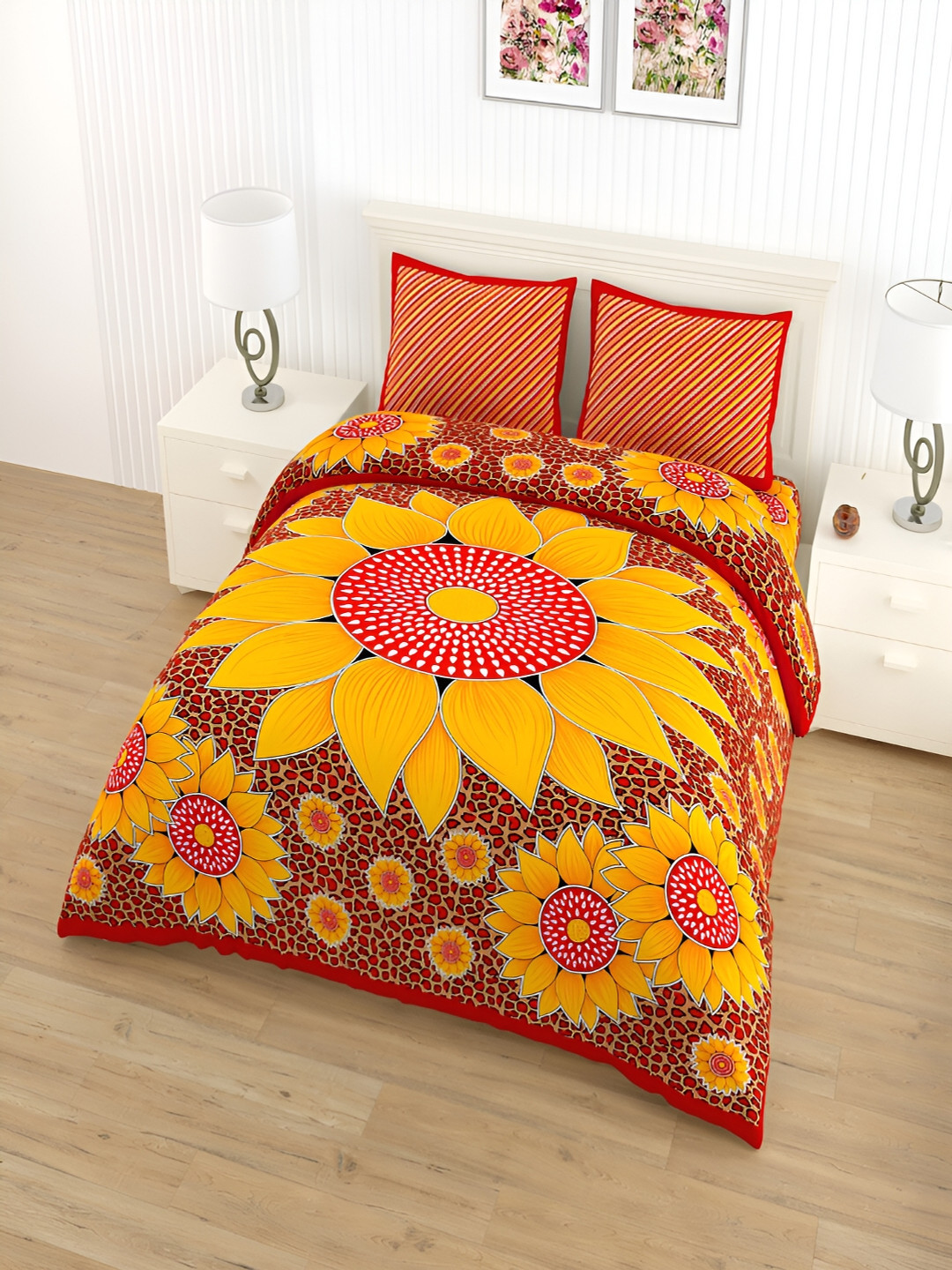 

Qfab Yellow & Red Floral Printed 144 TCCotton Queen Bedsheet with 2 Pillow Covers