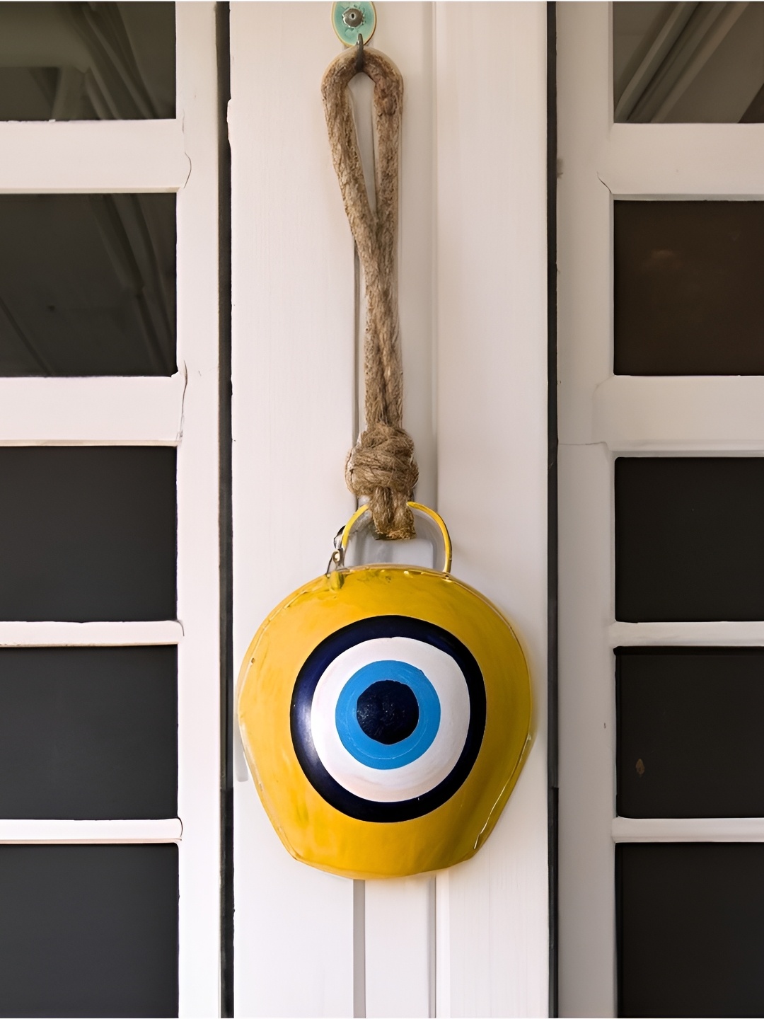 

JASMEY HOMES Yellow & Blue Evil Eye Cow Bell Wall Hanging