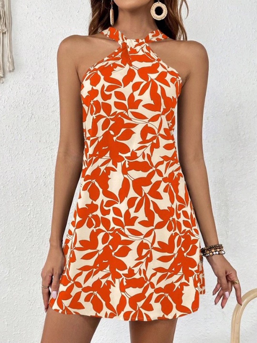 

StyleCast Floral Prined Halter Neck A-Line Mini Flared Dress, Orange