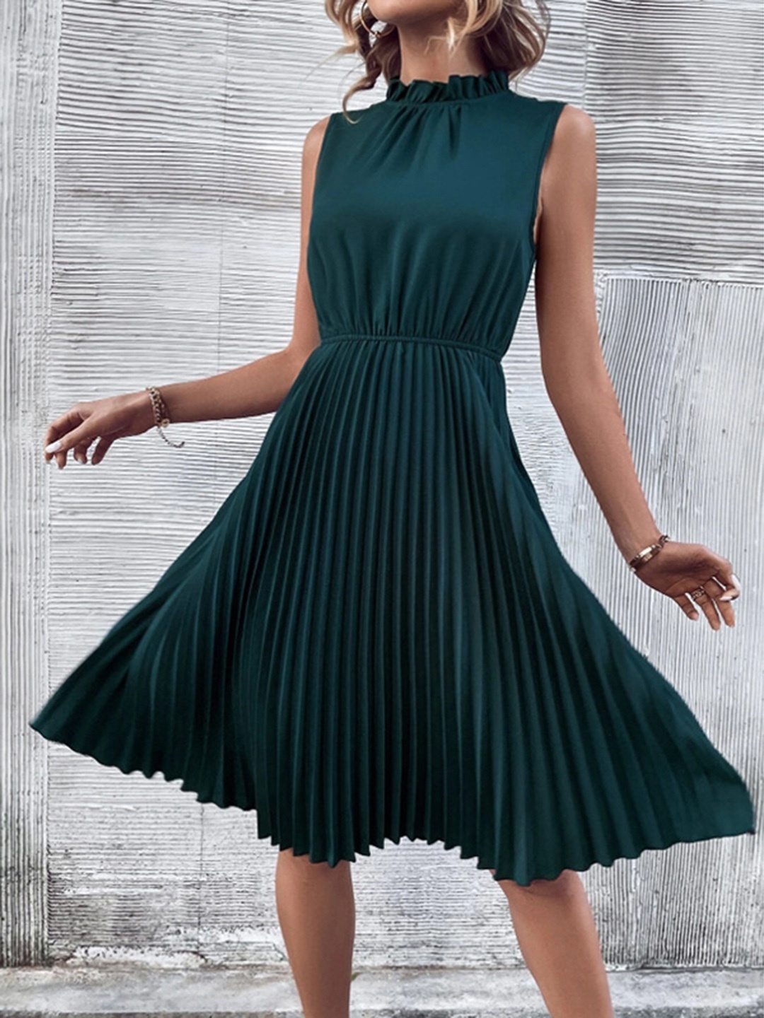 

StyleCast Striped Round Neck Accordion Pleats Fit & Flare Dress, Green