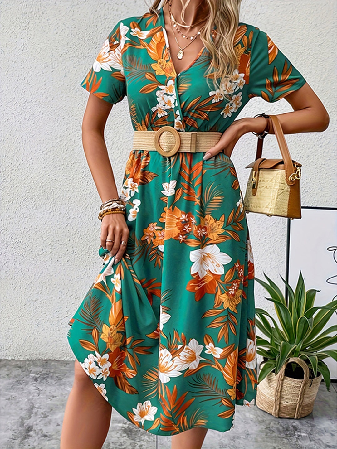 

StyleCast Floral Printed V-Neck Short Sleeves Midi Dress, Green