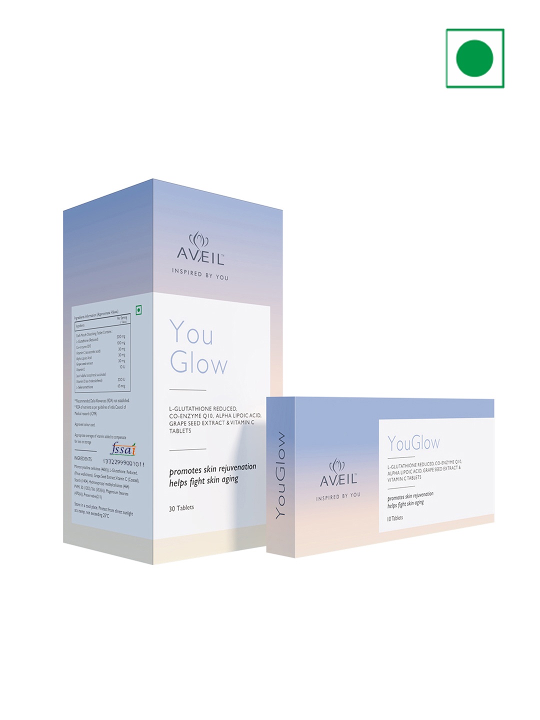 

AVEIL YouGlow Glutathione Vitamin C Skin Rejuvenating Tablets - 30 Tablets, White