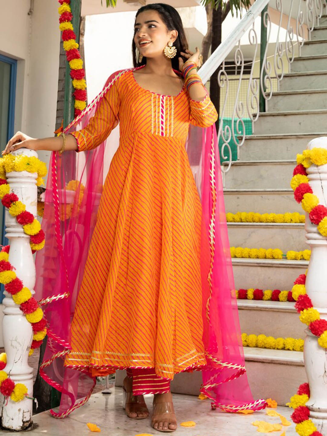 

Indi INSIDE Leheriya Printed Empire Gotta Patti Pure Cotton Kurta With Trouser & Dupatta, Orange