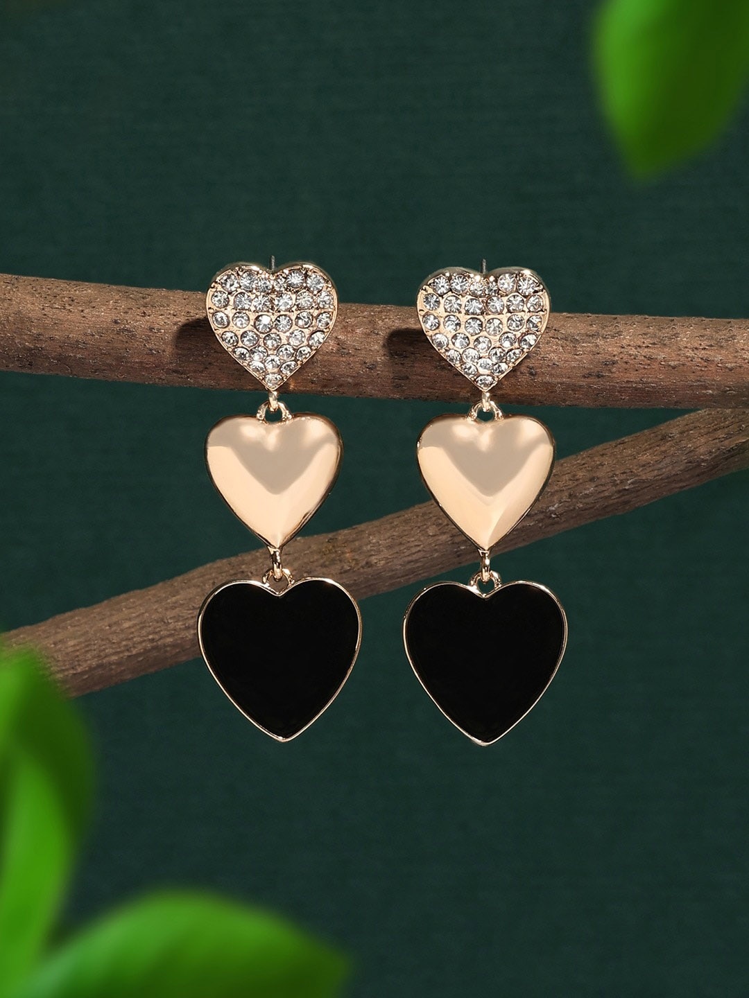 

AMI Gold-Plated Austrian Diamonds Studded Enamel Heart Shaped Drop Earrings