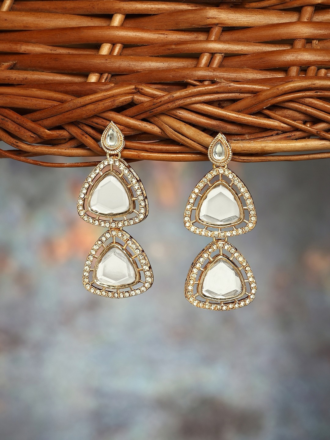 

AMI Gold-Plated Austrian Diamonds Studded Drop Earrings