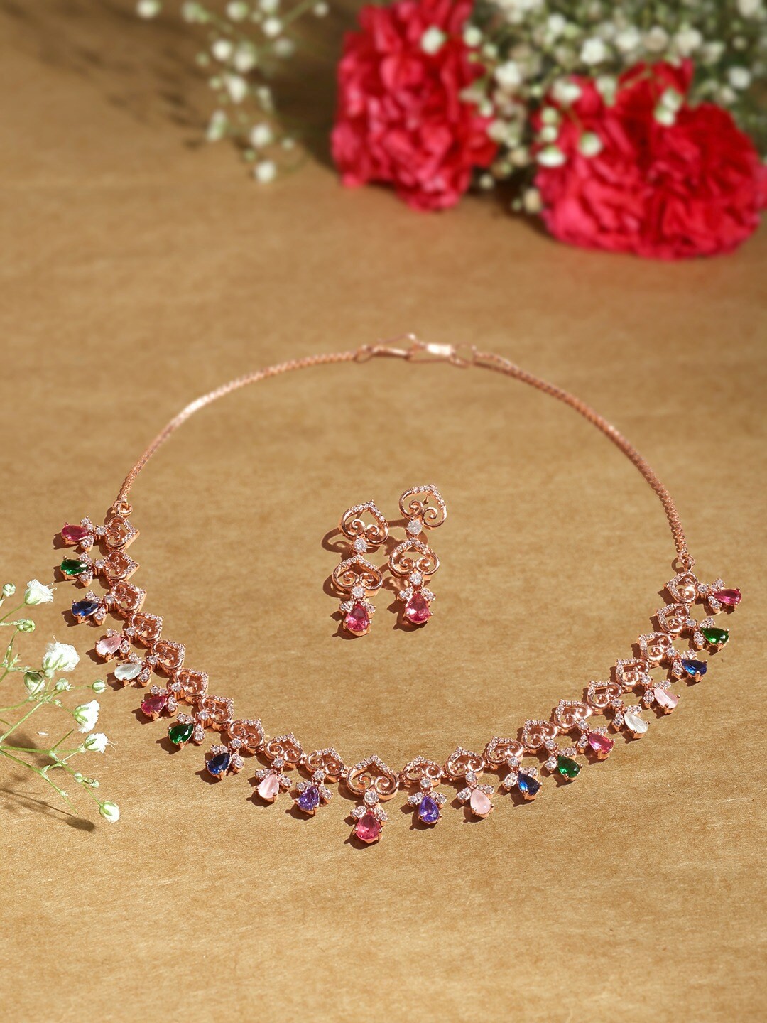 

AMI Rose Gold-Plated Cubic Zirconia Studded Jewellery Set