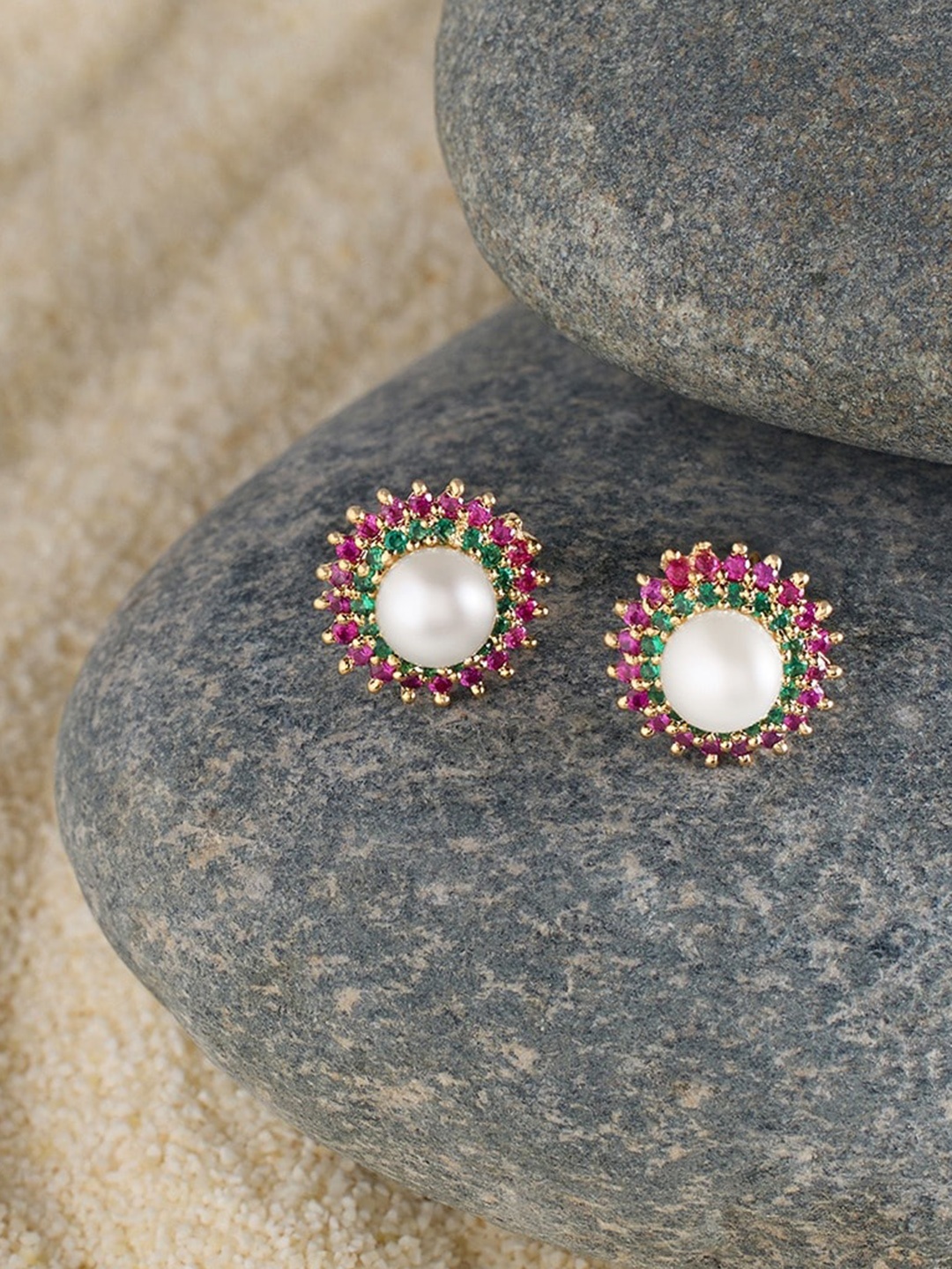 

AMI Rose Gold-Plated Cubic Zirconia Studded Contemporary Studs Earrings